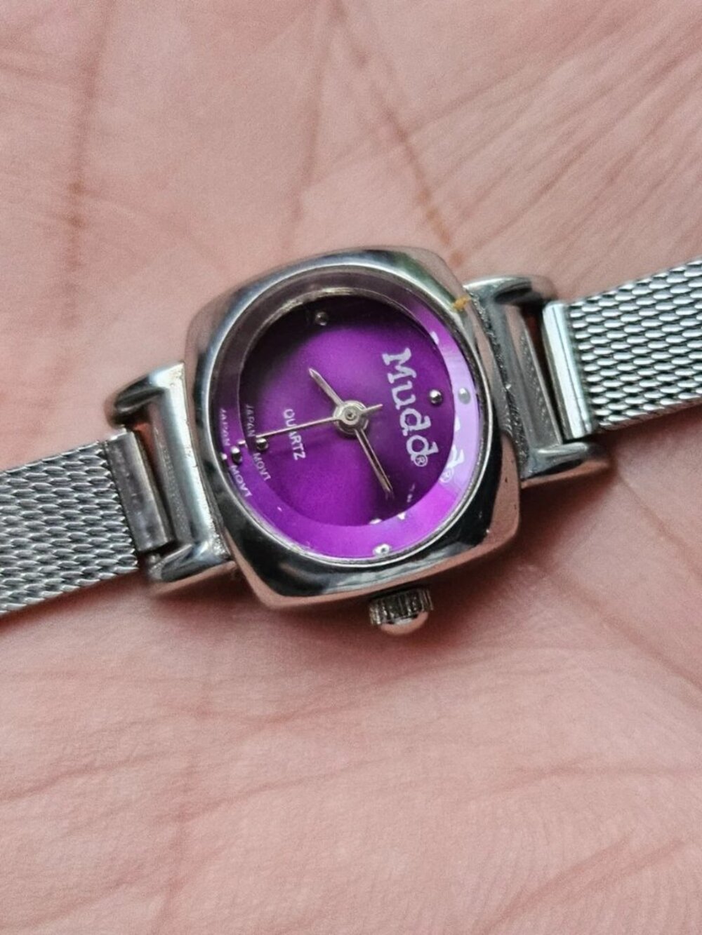 Mudd Women Wristwatch Purple Face Silver Tone Mesh Chain Band Analog Wrist Watch